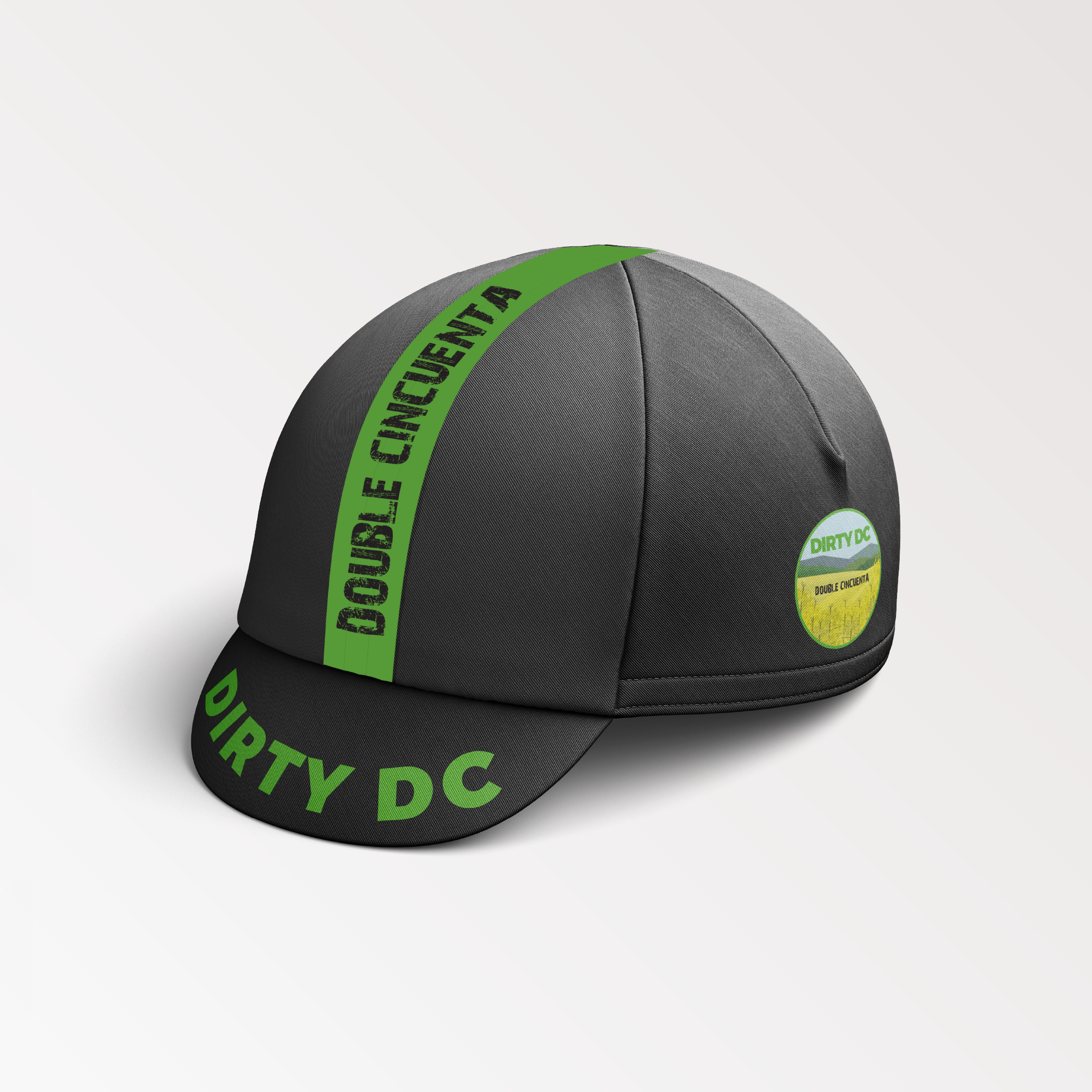 black cycling cap with green branding, gravel race cycling cap, gravel race casquette