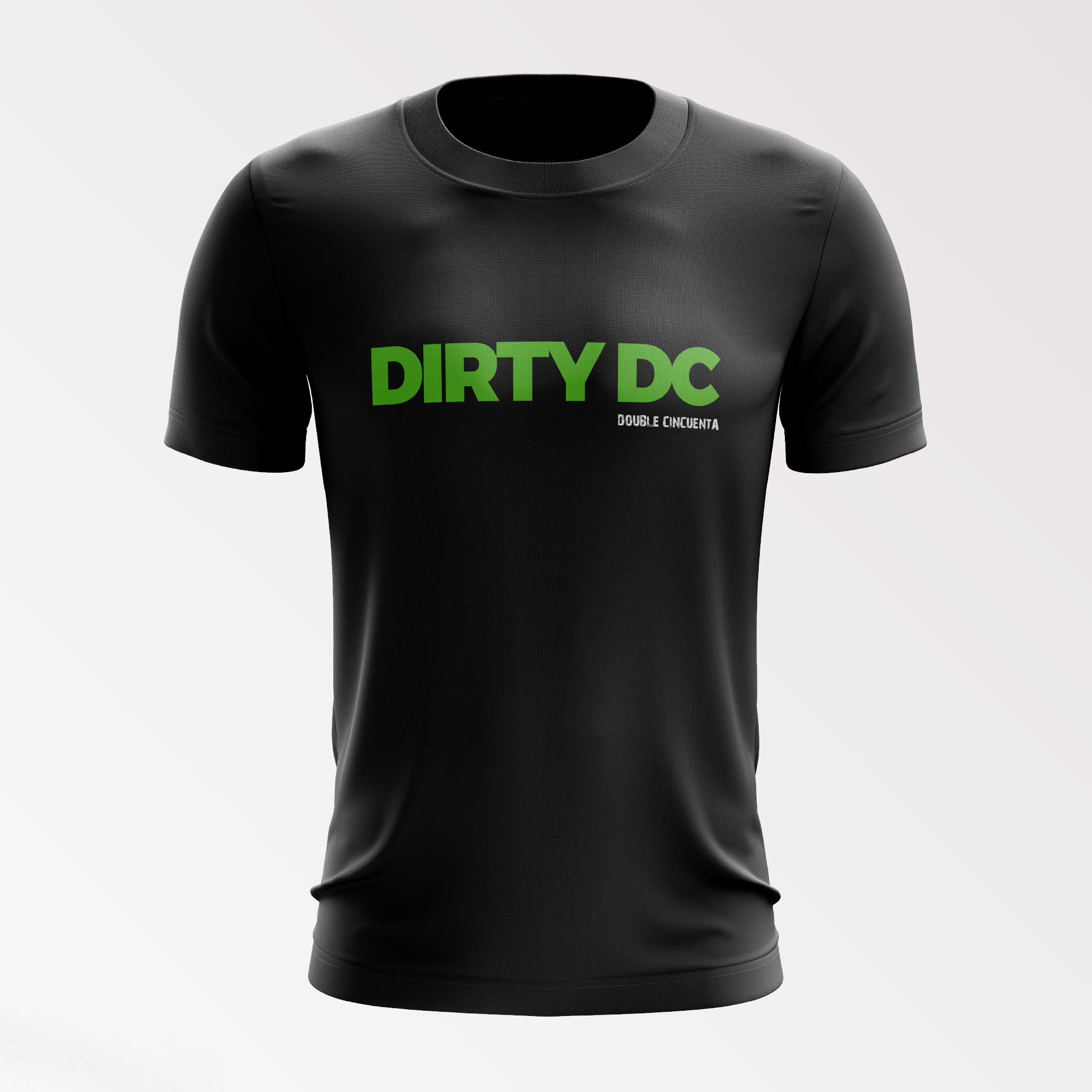 Black t-shirt with 'DIRTY DC' text in green, gravel t-shirt, gravel racing merchandise