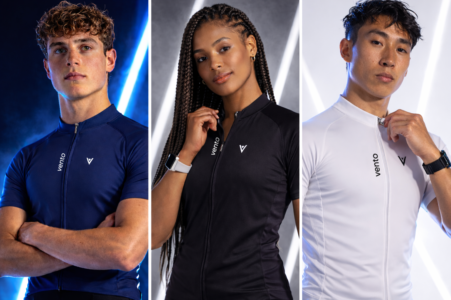 blue cycling jersey, black cycling jersey, white cycling jersey