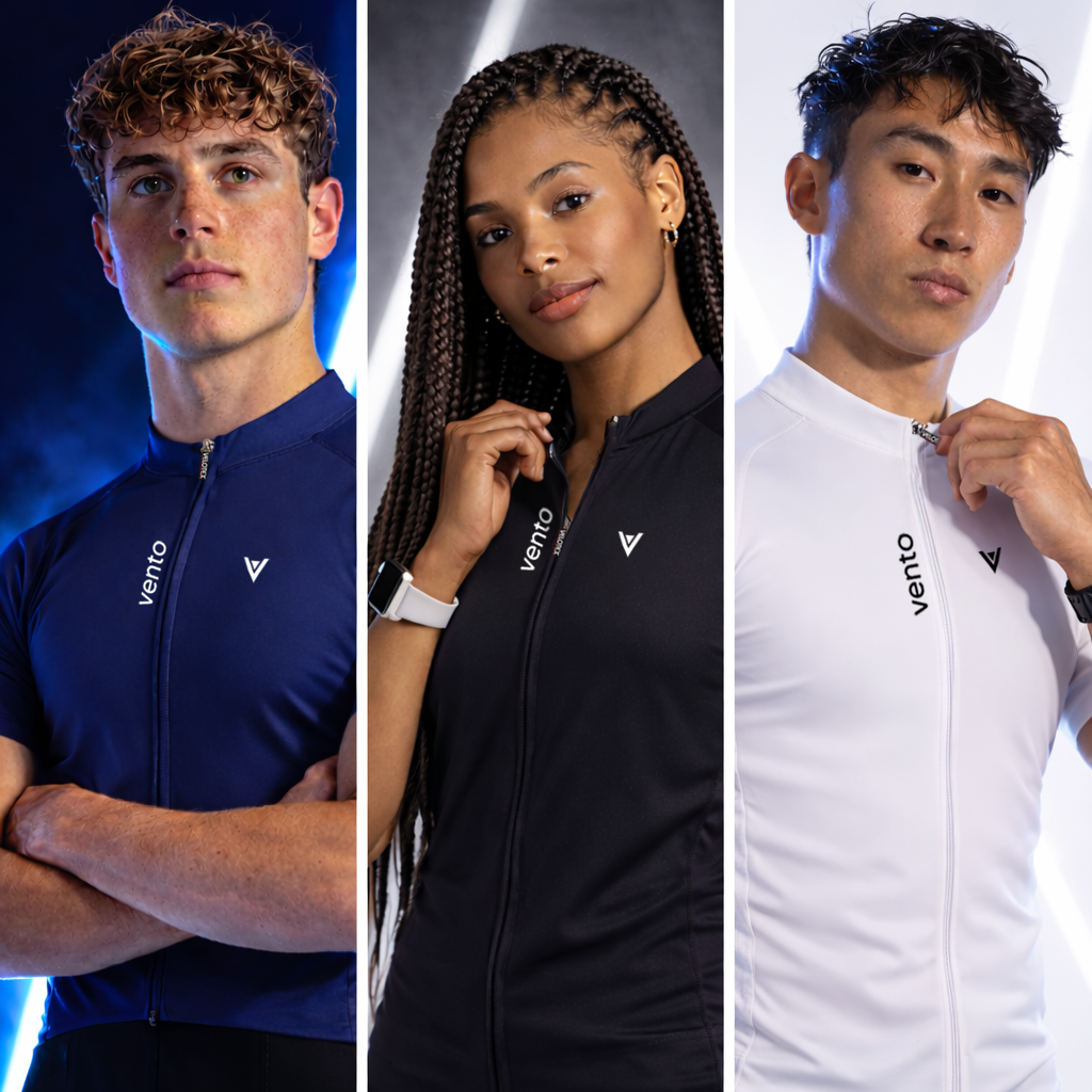 blue cycling jersey, black cycling jerse, white cycling jersey.